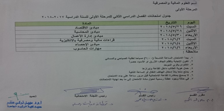 قـســـم العلوم المالية والمصرفية: جدول الامتحانات النهائية للمرحلتين (الاولى، والثانية) للعام الدراسي 2017-2018